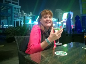 Patti enjoying the second martini of her life at Blue Marlin